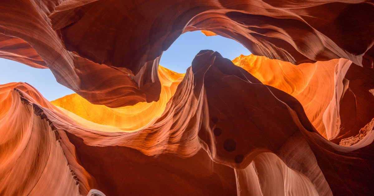 Looking up from the ground at Lower Antelope Canyon